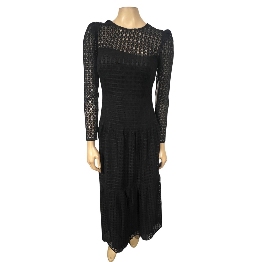 Maude Club Black Lace Open Back Tiered Maxi Dress Long Sleeve Small NEW